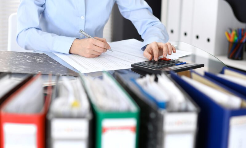 Bookkeeper Woman Or Financial Inspector  Making Report, Calculat